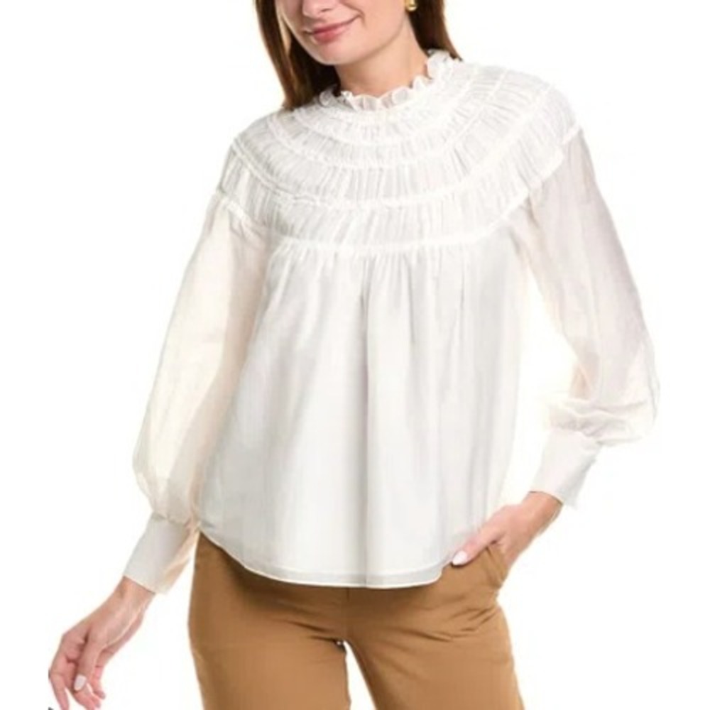 Rebecca Taylor‎ White Silk Cotton Smocked Neck Long Sleeve Blouse Top Women